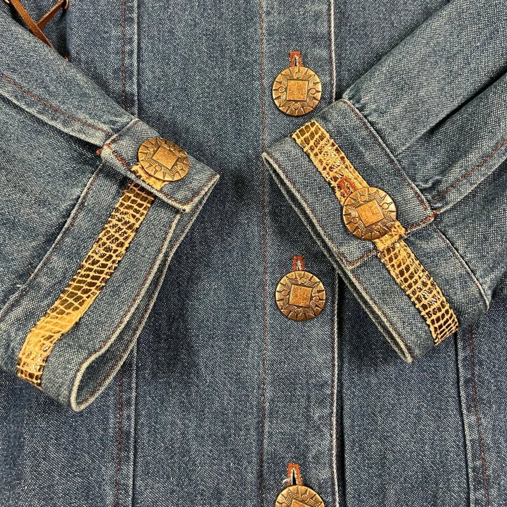 VTG 90s Nancy Bolen Western Boho Denim Shacket Snake Print Feather Trim Sz 18‎